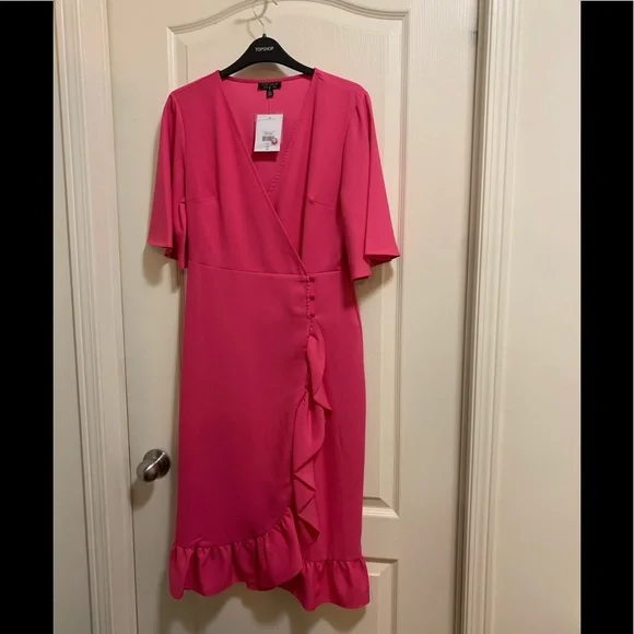 NWT - TOPSHOP HOT PINK RUFFLE DRESS - Picture 4 of 5